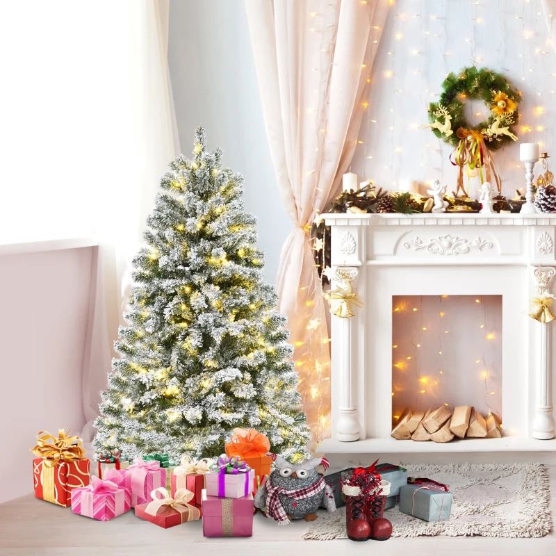 HOMCOM 4.5ft Tall Pre-Lit Snow-Flocked Artificial Christmas Tree with Realistic Branches, 200 Warm White LED Lights and 400 Tips