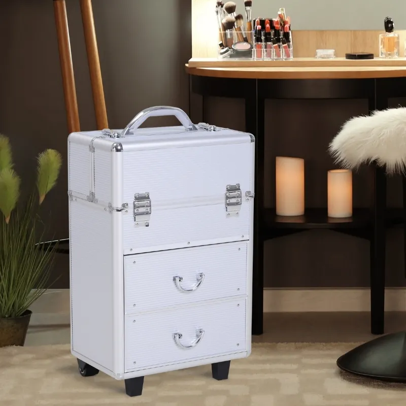 HOMCOM Professional Rolling Full Makeup Travel Train Case, Large Storage Cosmetic Trolley with Folding Trays, Drawer and Locks, Silver