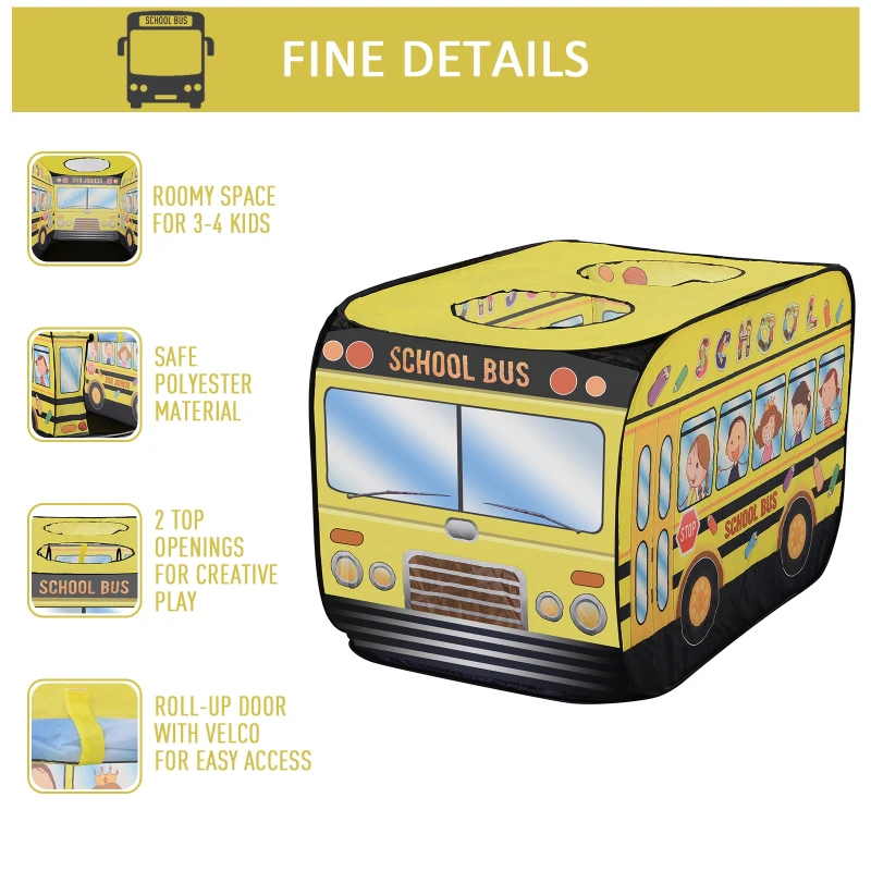 Qaba Kids School Bus Play Tent Pop-up Portable & Foldable Yellow