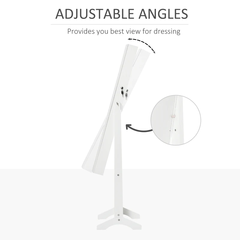 HOMCOM Floor Standing Jewelry Cabinet, Lockable Jewelry Organizer with Full-Length Mirror, and 3 Adjustable Angles, White