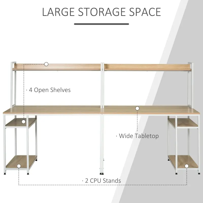 HOMCOM 94.5in Industrial Double Computer Desk with Hutch and Storage Shelves, Extra Long Two Person Home Office Desk, Writing Table Workstation for 2 People with CPU Stand, Oak Wood Grain