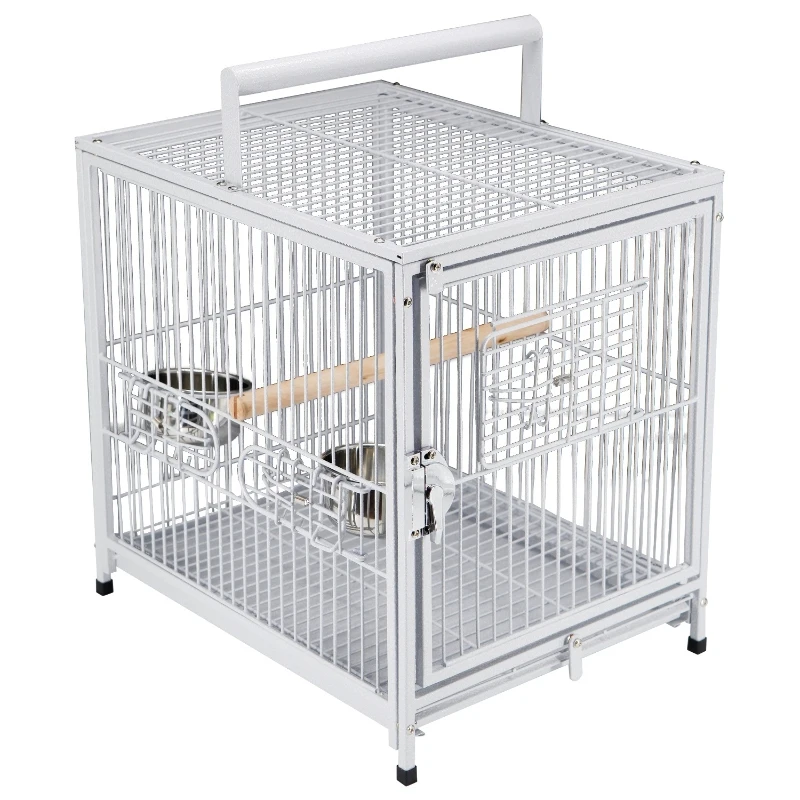 PawHut 18" Heavy Duty Wrought Iron Travel Bird Cage Carrier With Handle Perch And Accessories - White