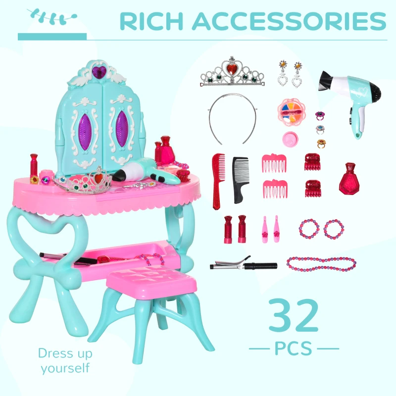 Qaba 2 In 1 Musical Piano Kids Dressing Table Set, 32 PCS Vanity Make Up Desk, Children Pretend Toy, with Beauty Kit, Mirror, Stool, Light, for 3-6 Years Old, Pink, Blue