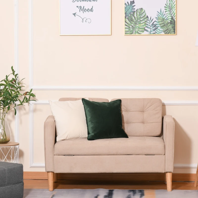 HOMCOM Modern 2-Seater Loveseat Button-Tufted Fabric Couch with Storage Chest, Cushions and Rubberwood Legs for Living Room, Light Brown