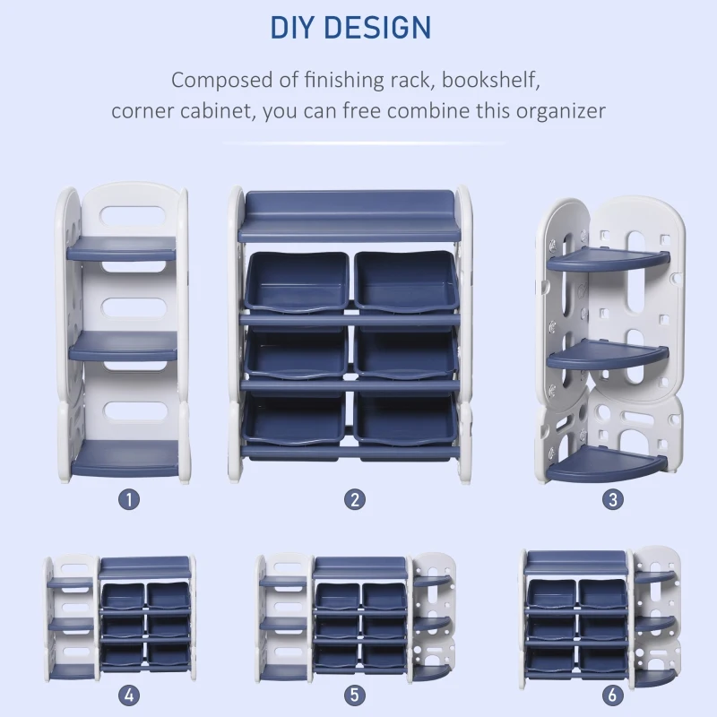 Qaba Kids Toy Storage Organizer with Detaching Sections for Corner Storage, Lightweight Toy Shelf for Kids with Large Capacity, Bin Storage Shelf, Blue