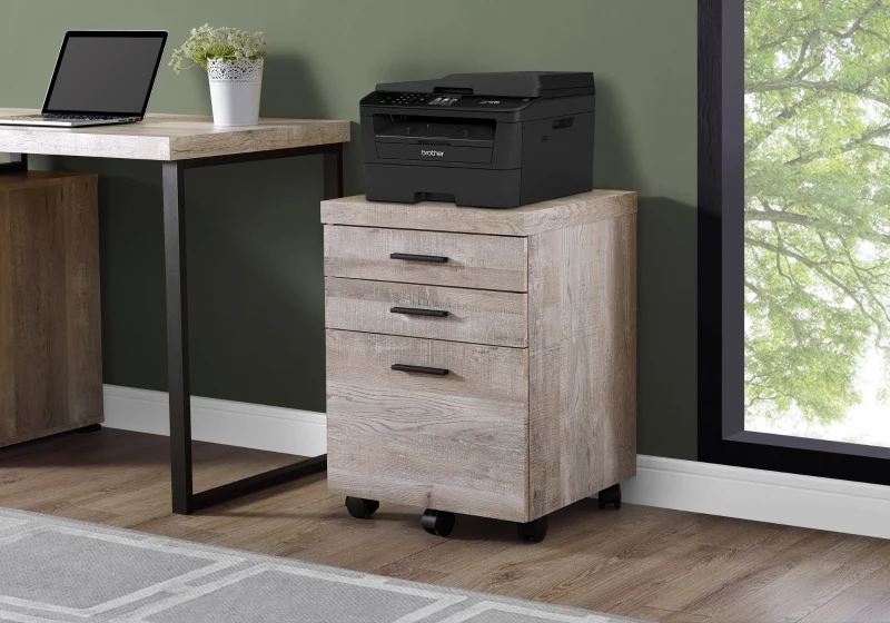 Monarch Contemporary Rustic Reclaimed Wood-look 3 Drawer Filing Cabinet with Castors - Taupe