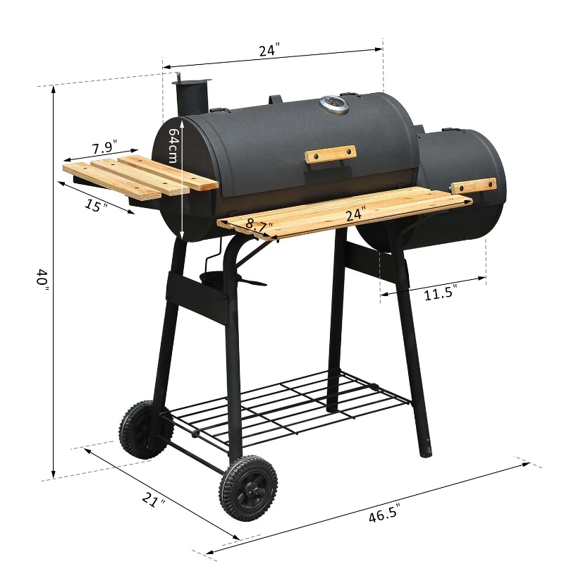 Outsunny Free Standing Charcoal BBQ Grill Barbecues 2 Burners Cooking with Wheels Black