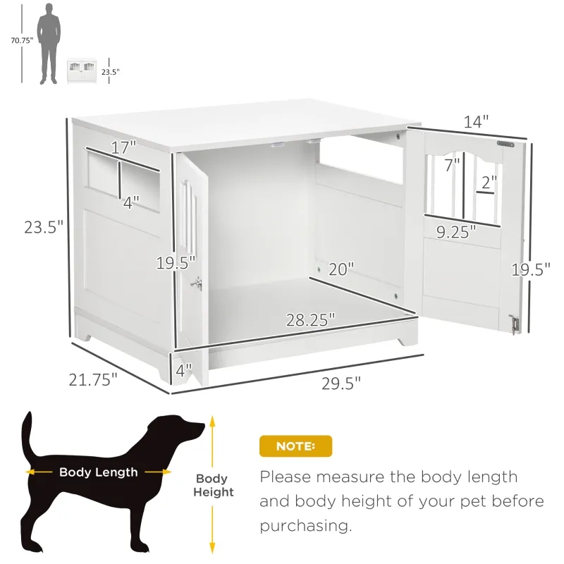 PawHut 29.5" Wooden Dog Cage with Windows, End Table Furniture Style, Modern Pet Kennel with Lockable Doors Elevated Base for Small and Medium-sized Dogs, White