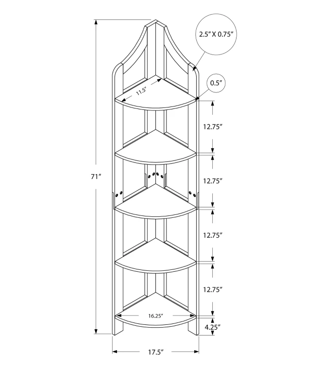 Monarch 72" Wood Grain-Look 5-Tier Corner Accent Display Bookcase - White Finish