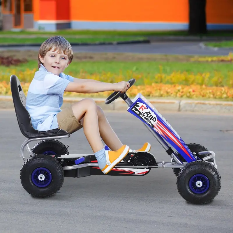 Aosom Pedal Go Kart, 4 Wheels Pedal Ride On for Boys & Girls with Rubber Wheels, Adjustable Seat & Sharp Handling - Blue