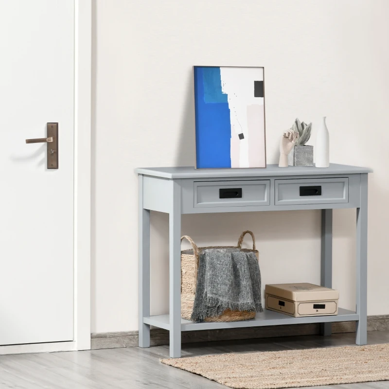 HOMCOM Console Table with 2 Storage Drawers and Open Shelf, Modern Sofa Table for Hallway, Living Room, or Bedroom, Grey