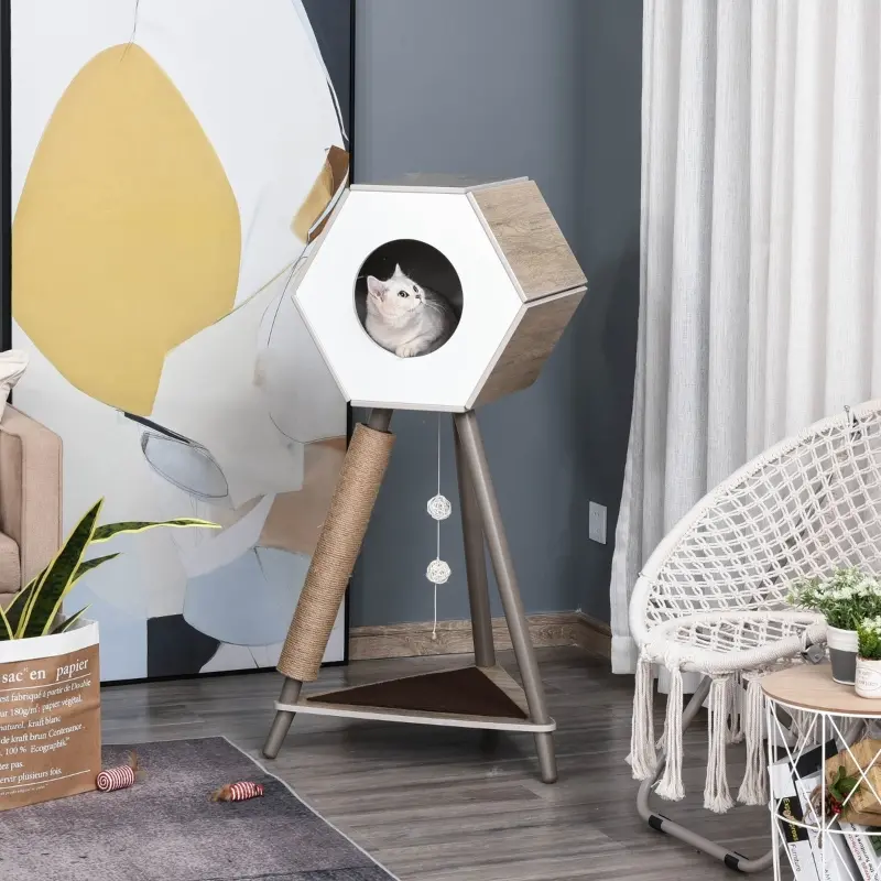 PawHut Cat Tree with Jute Scratching Post and Hanging Balls 44.5" H, Brown & White