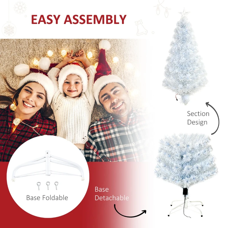 HOMCOM 5ft Prelit Artificial Christmas Tree with LED Lights, Multicolored Fiber Optics and Realistic Branch Tips, White