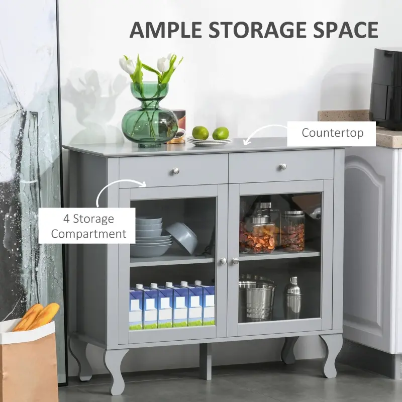 HOMCOM Retro Style Kitchen Sideboard, Buffet Cabinet, Cupboard with Glass Doors and Drawers, Adjustable Shelves for Living Room