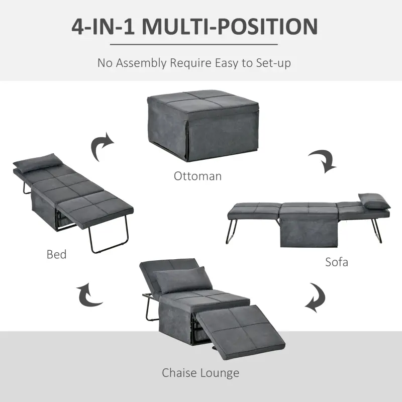 HOMCOM 4-in-1 Multi Function Folding Single Sofa Bed with Retractable Footrest, Convertible Sleeper with Adjustable Backrest For Living Room and Small Spaces, Dark Grey