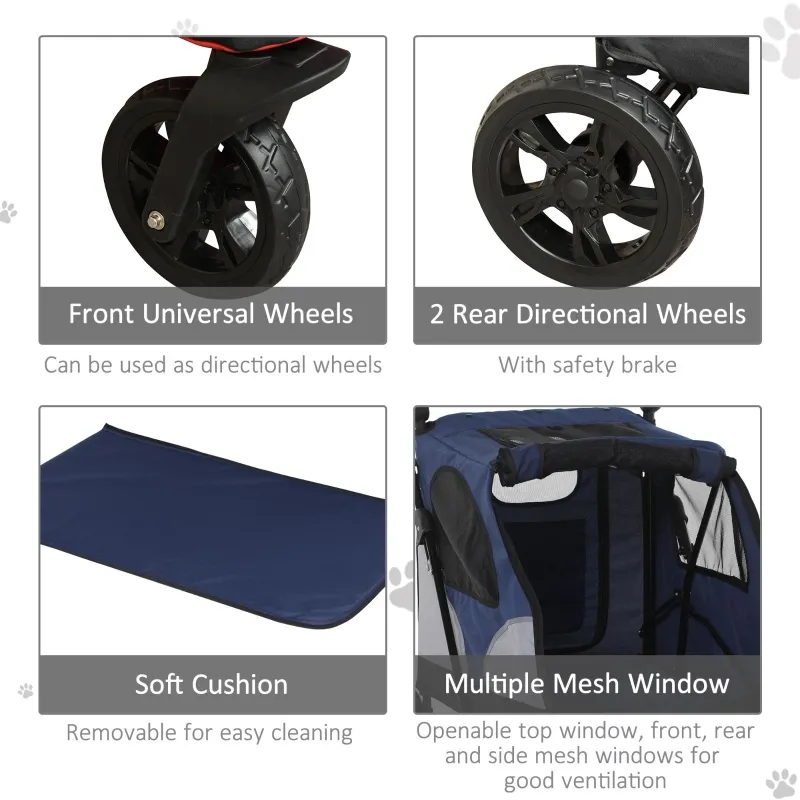 PawHut Pet Stroller Foldable Dog Cat Carriage with Adjustable Handlebar Brake, Storage Bag, Mesh Window, Safety Leash, Blue