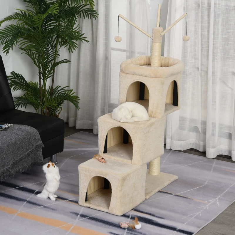 PawHut 3- Levels Plush Cat Tree Tower Ladder Shape Activity Center with Sisal Scratching Posts 3 Condos Funny Sticks and Balls, Beige