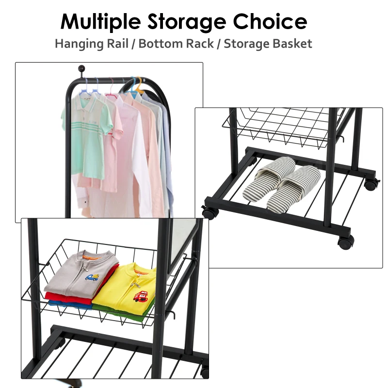 HOMCOM 65" Steel Rolling Floor Mirror Free Standing Tilt Dressing Mirror with Storage Home Furniture Black