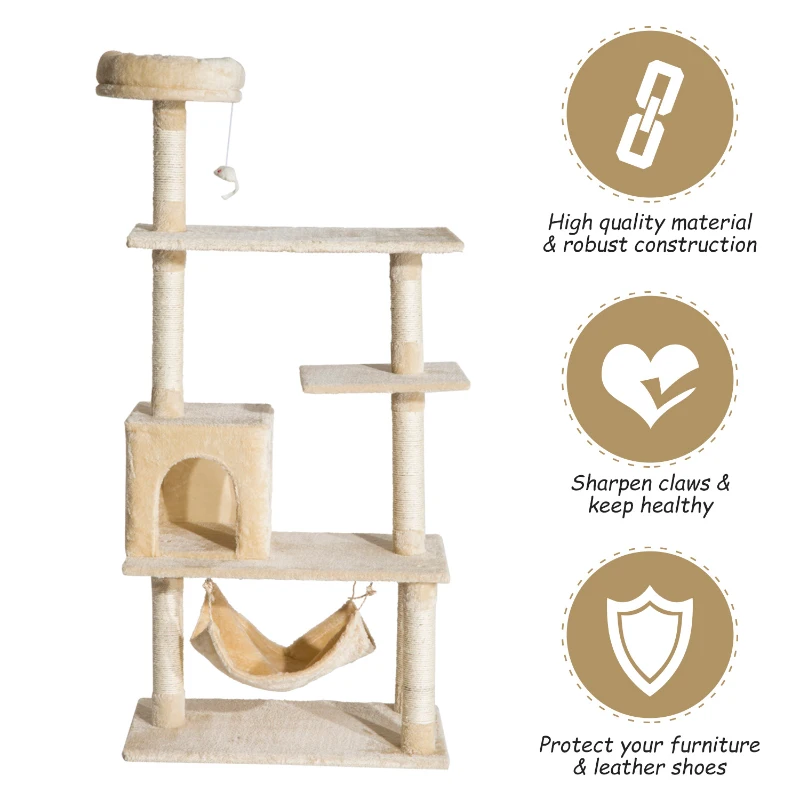 PawHut 60" Cat Tree Scratching Condo Furniture Kitty Activity Center with Hanging Toy Beige