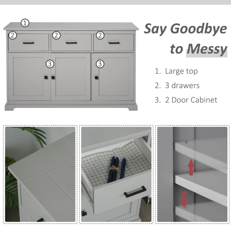 HOMCOM Buffet Storage Cabinet for Kitchen Entryway with 2 Cabinets and 3 Drawers, Adjustable Shelves, Grey