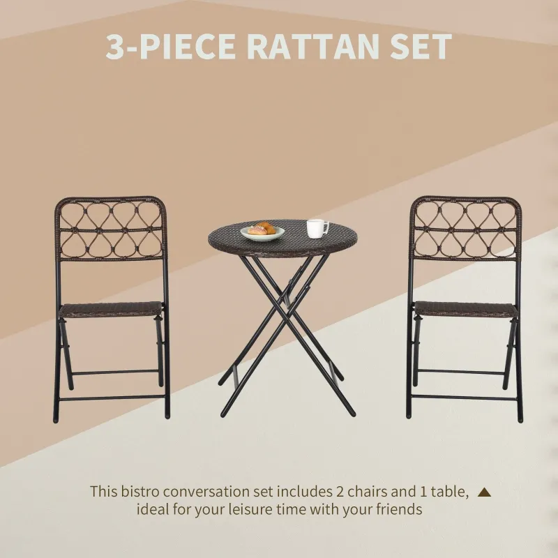 Outsunny 3PC Rattan Wicker Bistro Set w/ Folding Design, Hand Woven Rattan Table and Chairs for Outdoor, Brown