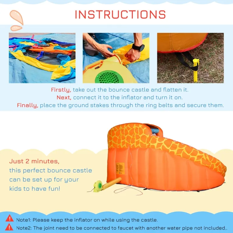 Outsunny Giraffe Style Kids Inflatable Water Slide 4 in 1 Bounce House Slide Pool Gun Climbing Wall with 750W Air Blower for Summer Playland