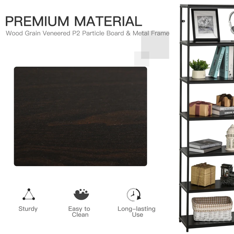 HOMCOM Modern 7 Tier Bookshelf Bookcase Utility Storage Shelf Organizer for Home Office with Display Rack Metal Frame, Walnut