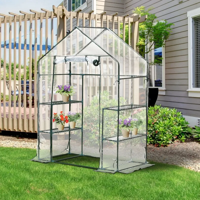 Outsunny 56" x 29" x 77" Mini Greenhouse Walk-in Greenhouse Garden Hot House with 2-Tier Shelving, Roll-Up Door & Weather Cover