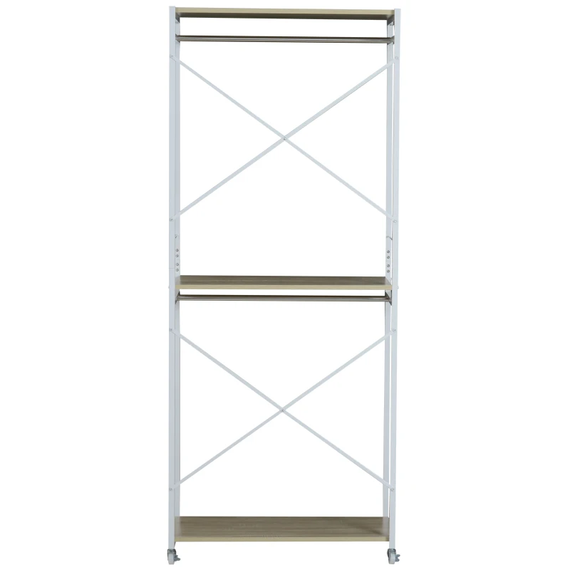 HOMCOM Rolling Garment Rack 2 Shelves Hanging Rods Oak