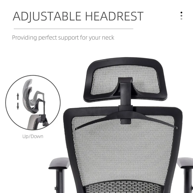Vinsetto High-Back Mesh Home Office Chair with Coat Hanger, Computer Task Chair with Adjustable Height, Arms, Headrest and Lumbar Support, 360° Wheels and Seat, Reclining Function, Grey