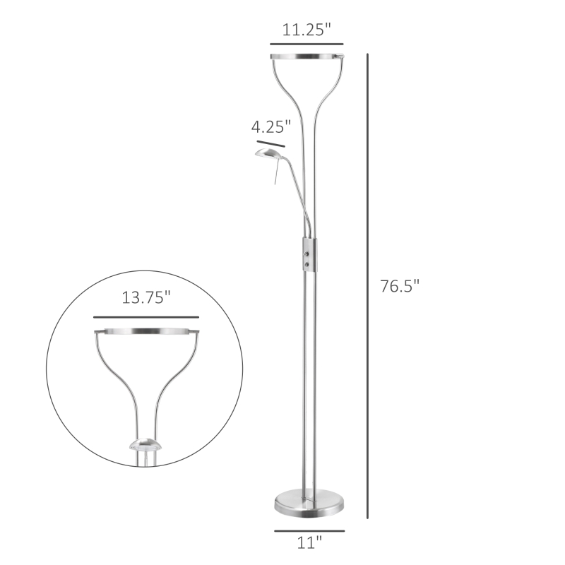 HOMCOM Modern LED 2 Light Floor Lamp, Tall Standing Lamp with Rotatable Ring Light and Height Adjustable Side Light for Living Room or Bedroom, Silver