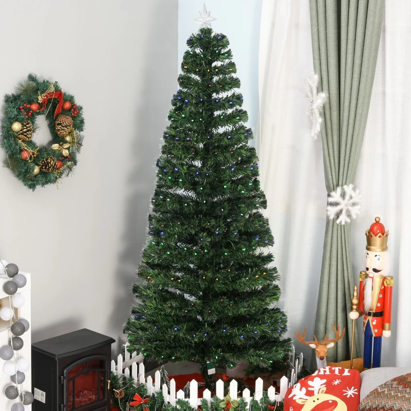 HOMCOM 7FT Pre-Lit Fiber Optic Arfiticial Christmas Tree with Star Tree Topper, Solid Metal Base, 280 Branch Tips, 6 Color LED Lights for Home and Holiday Decoration