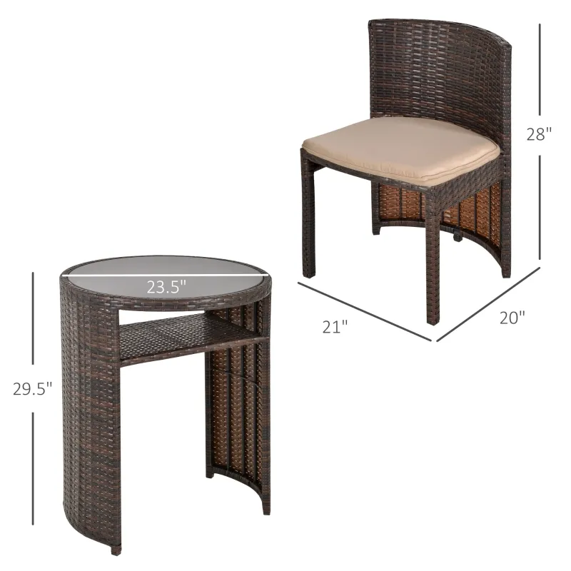 Outsunny 3 PCS Outdoor Rattan Wicker Bistro Set with Storage Shelf, Glass Top Table, Soft Cushioned Chairs and Space Saving Design, Patio Conversation Set for Garden Backyard Porch, Brown