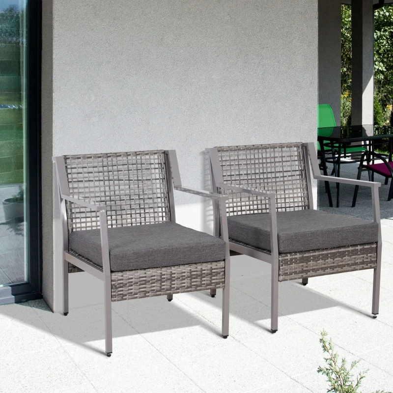 Outsunny 2 Piece Rattan Wicker Patio Dining Chairs, Patio Furniture Set with Armrest, Cushions for Backyard, Garden, Grey
