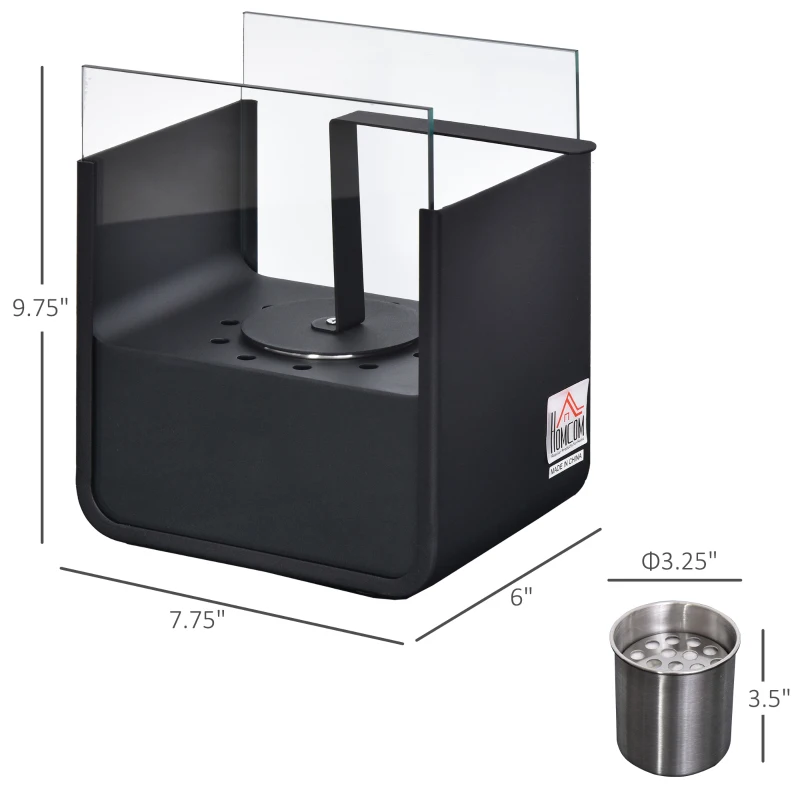 HOMCOM Ethanol Fireplace, 7.75" Tabletop 0.10 Gal, Stainless Steel, Burns up to 2 Hours, Black