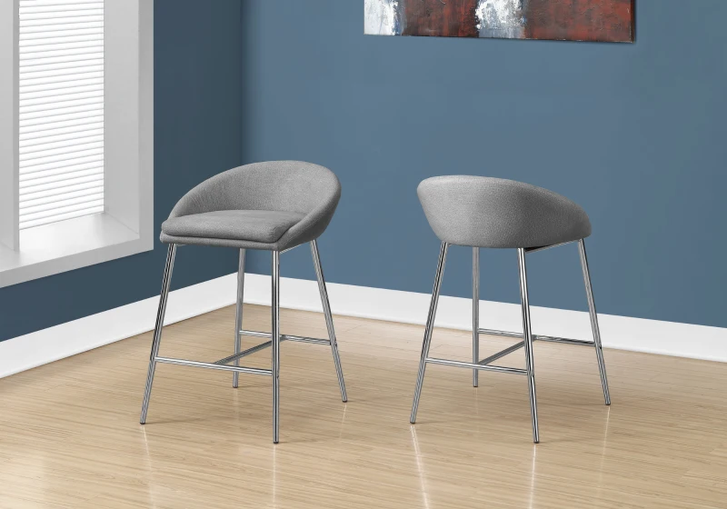 Monarch 2 Piece Modern Linen Padded Seat Chrome Legged Counter Height Barstool Chair Set - Grey