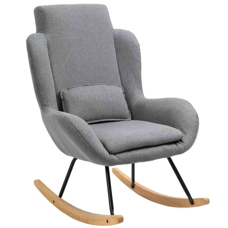 HOMCOM Modern Rocking Chair with Removable Lumbar Pillow Fabric Sofa Armchair with Thick Padding, Metal Frame, Wood Base for Living Room, Light Grey