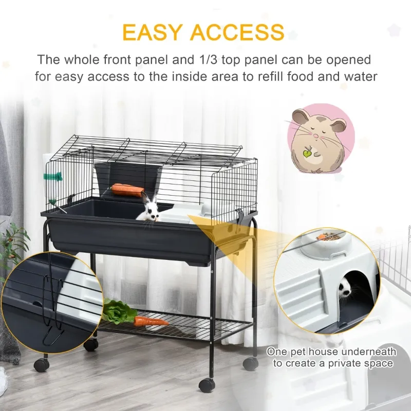PawHut Two-Story Small Animal Cage Removable from Stand, Pet Habitat with Shelf & Wheels, 33" x 18.5" x 35", Charcoal Gray
