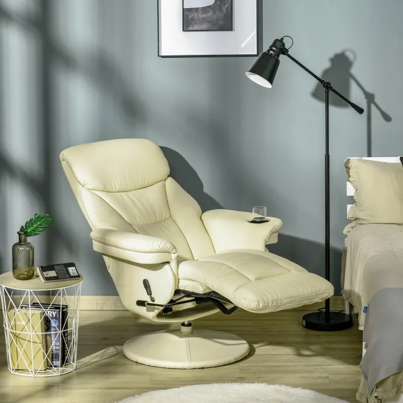 HOMCOM Manual Recliner, Swivel Lounge Armchair with Side Pocket, Footrest and Cup Holder, Cream White