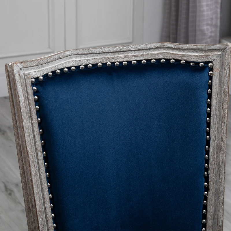 HOMCOM Vintage Upholstered Dining Chairs Set Of 2 with Nailhead Trim , Thick Padded Seat Cushions, and Wood Legs, Blue