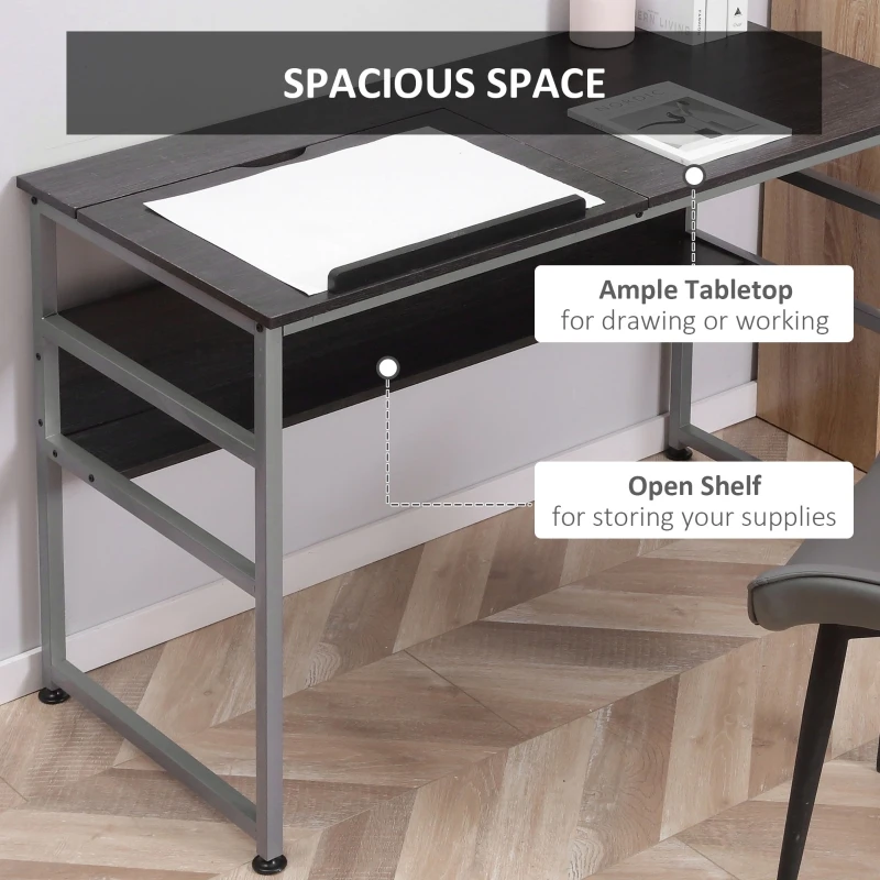 HOMCOM Drafting Table, Adjustable Drawing Desk, Multifunctional Writing Desk with 15-Level Tiltable Tabletop and Storage Shelf for Home Office, Black