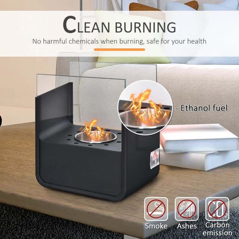 HOMCOM Ethanol Fireplace, 7.75" Tabletop 0.10 Gal, Stainless Steel, Burns up to 2 Hours, Black