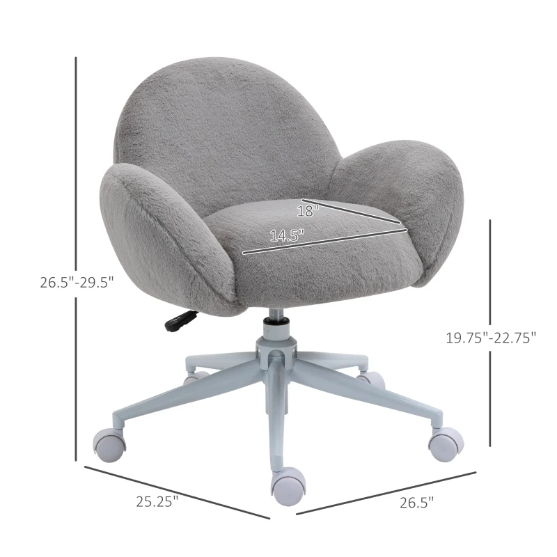 HOMCOM Faux Fur Leisure Chair Accent Chair Office Swivel Chair with Mid-Back Wide Design, Adjustable Seat Height, Steel Base, Wheels, Grey