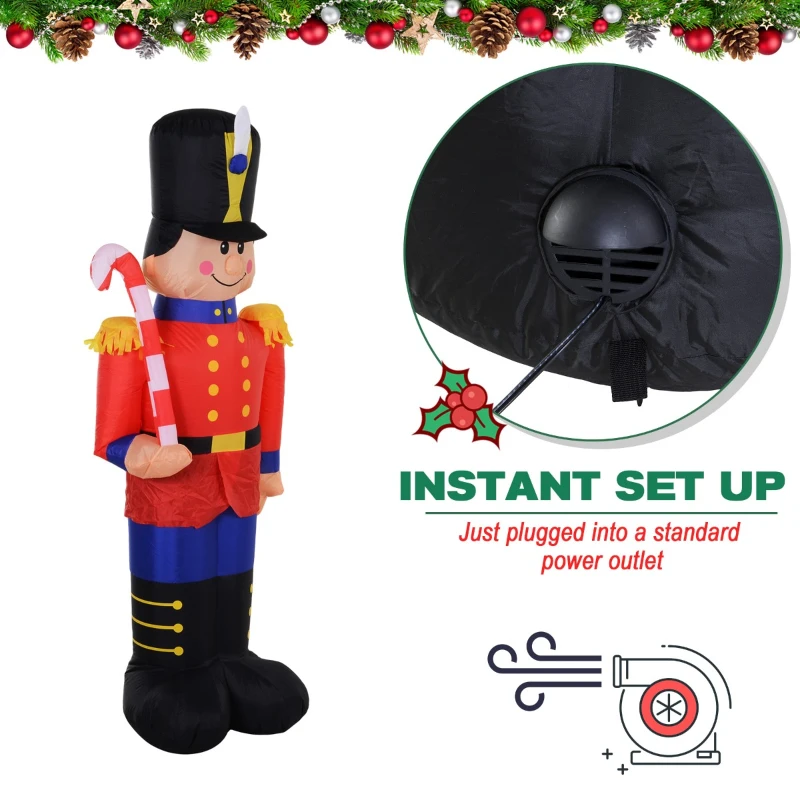 HOMCOM 6ft Christmas Inflatable Nutcracker Toy Soldier with Candy Cane, Outdoor Blow-Up Yard Decoration with LED Lights Display