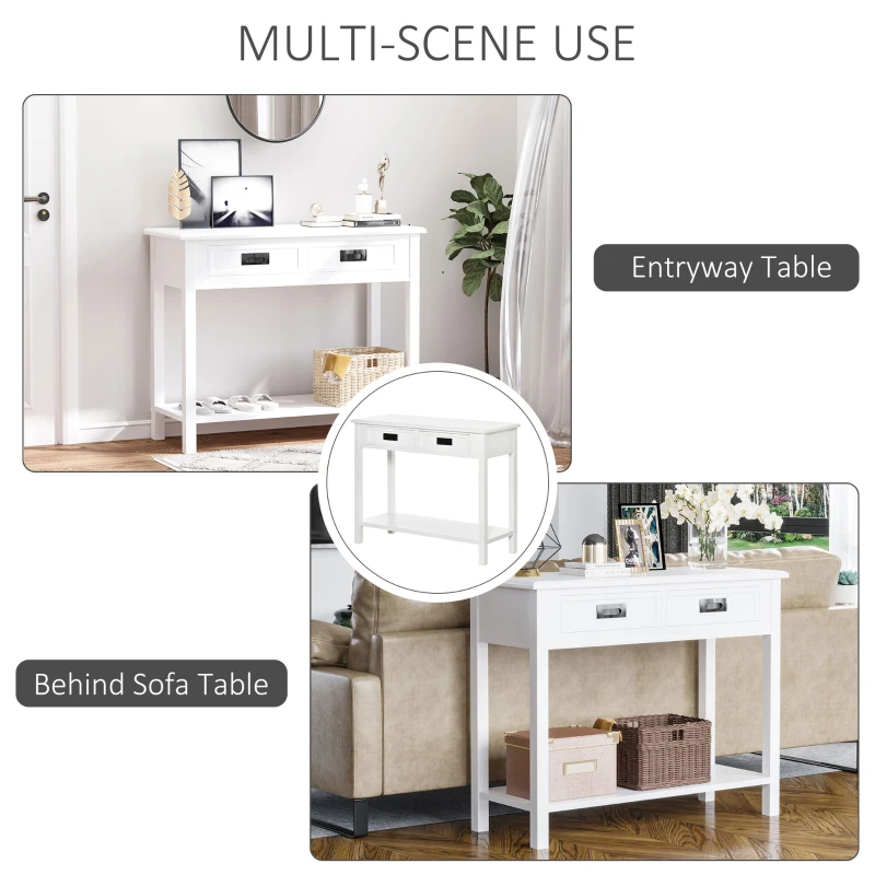 HOMCOM Console Table with 2 Storage Drawers and Open Shelf, Modern Sofa Table for Hallway, Living Room, or Bedroom, White