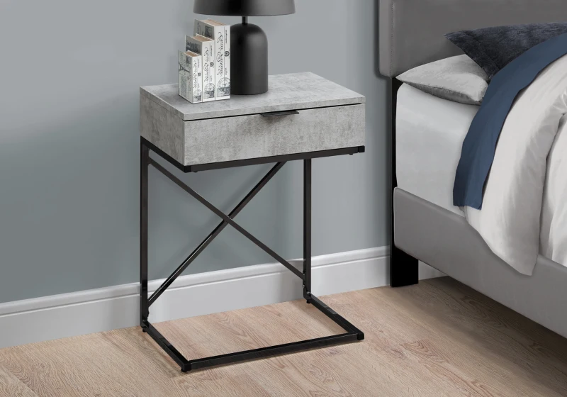 Monarch 24" Contemporary End Table Night Stand with Large Storage Drawer and Metal X-Design Frame - Grey Cement-Look / Black Nickel Base