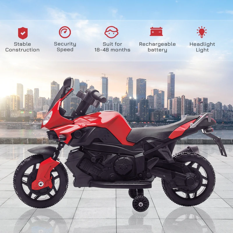 Aosom 6V Kids Motorcycle Dirt Bike Electric Battery-Powered Ride-On Toy Off-road Street Bike for Children with Rechargeable Battery, Pedal, Horn, Headlights, and Training Wheels for Balance Red