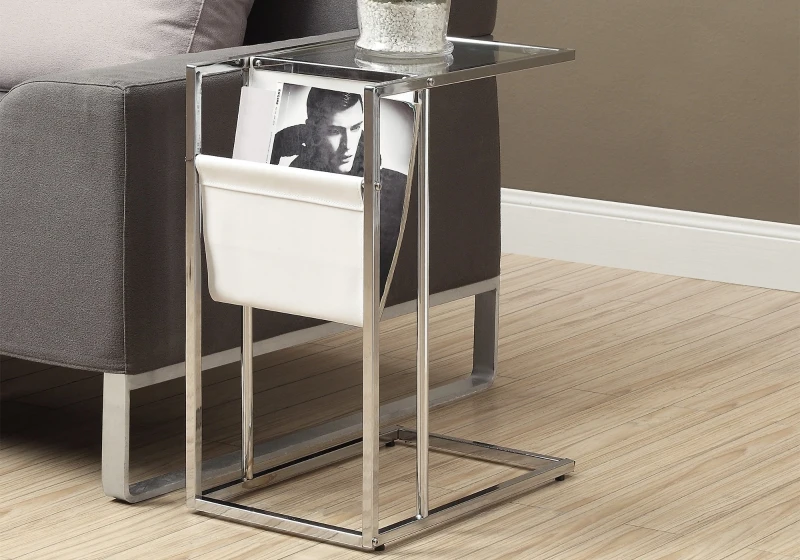 Monarch 24" Contemporary Tempered Glass Top Chrome Metal Frame Snack C-Shape Side Accent Table with Magazine Storage Rack - White Finish