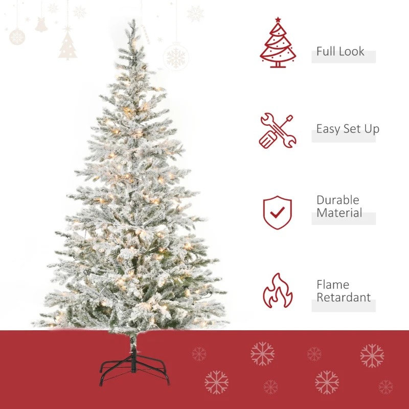 HOMCOM 7ft Pre-Lit Snow-Flocked Noble Fir Artificial Christmas Tree with Realistic Branches, 198 LED Lights and 342 Tips