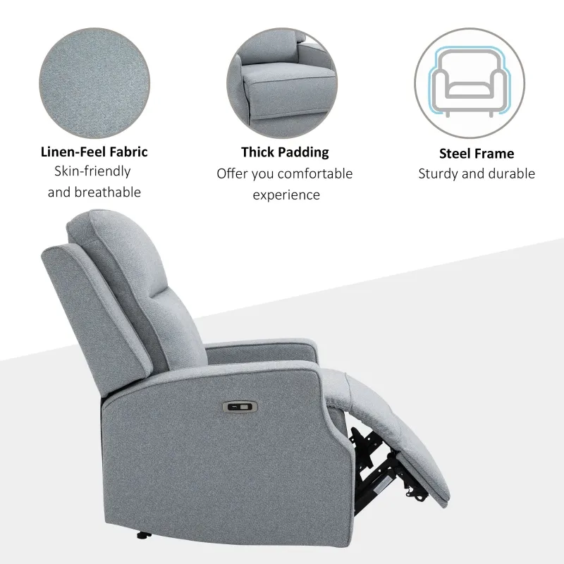 HOMCOM Electric Power Recliner, Wall Hugger Armchair with USB Charging Station, Sofa Recliner with Linen Upholstered Seat and Retractable Footrest, Blue